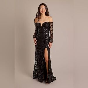 JULES & CLEO | Black Sequin Off-The-Shoulder Gown – NWT Size 0 – Formal/Prom